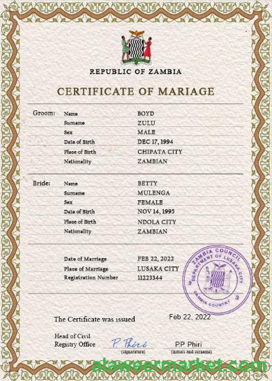 Zambia marriage certificate PSD template